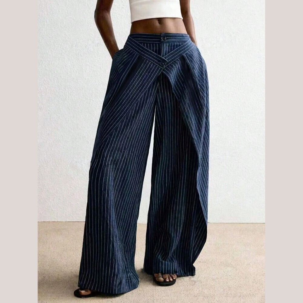 Navy Pinstripe Crossover Wrap Front Layered Wide Leg Trousers